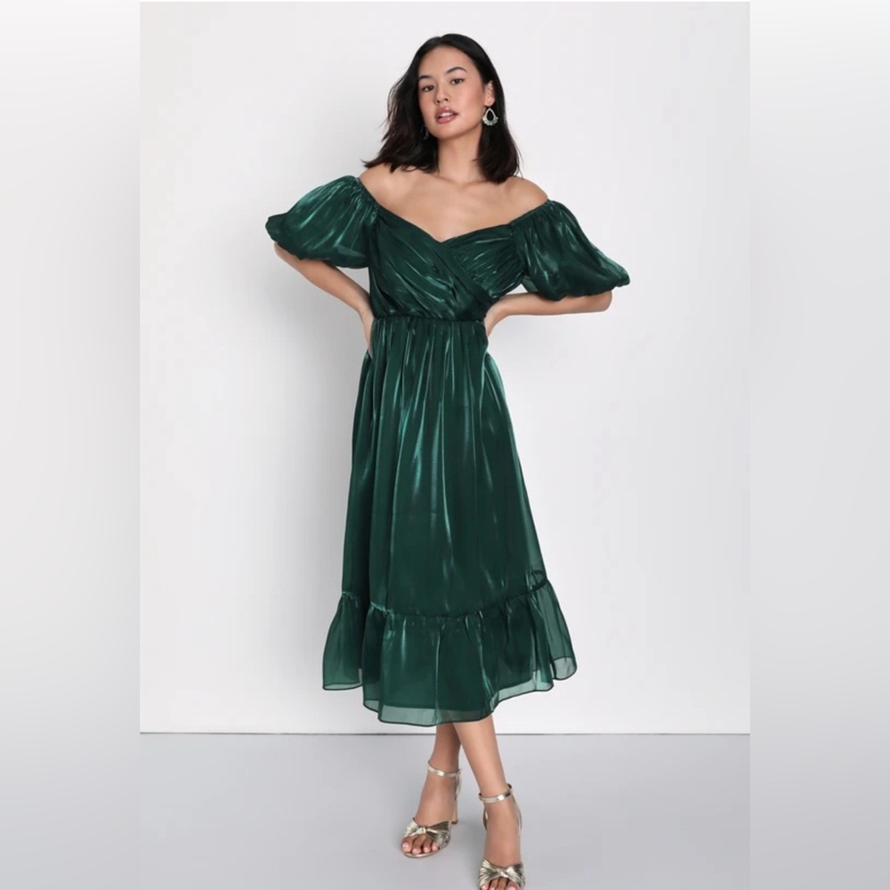 NWT Remarkable Sensation Emerald Green Puff Sleeve Tiered Midi Dress